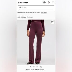 NWT Lululemon Softstreme Flared Pant Ribbed size 6 Garnet color, NEW!